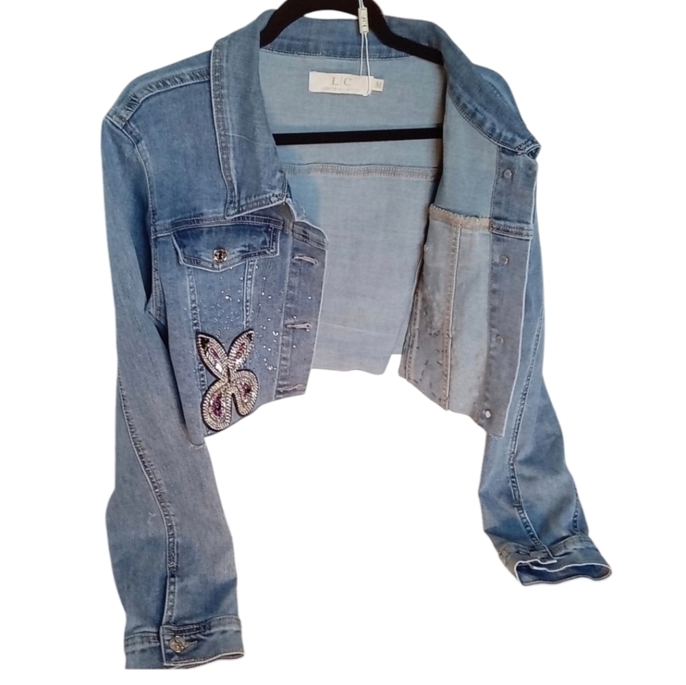 Lizette Collection Embellished Cropped Long Sleeve Denim Jacket Women Medium - Picture 7 of 12